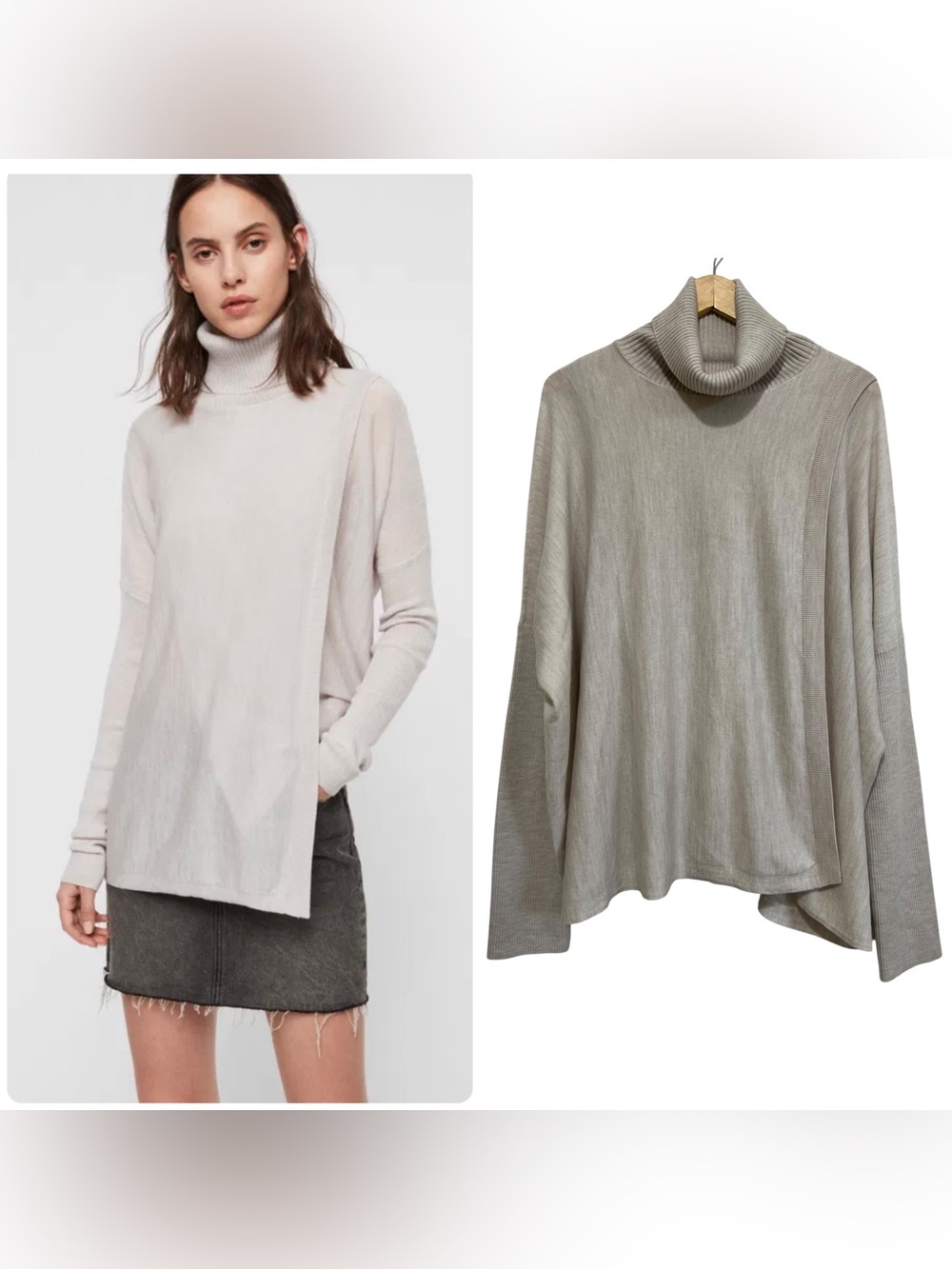 All Saints Koko Wrap Jumper Turtleneck Merino Wool Beige Large